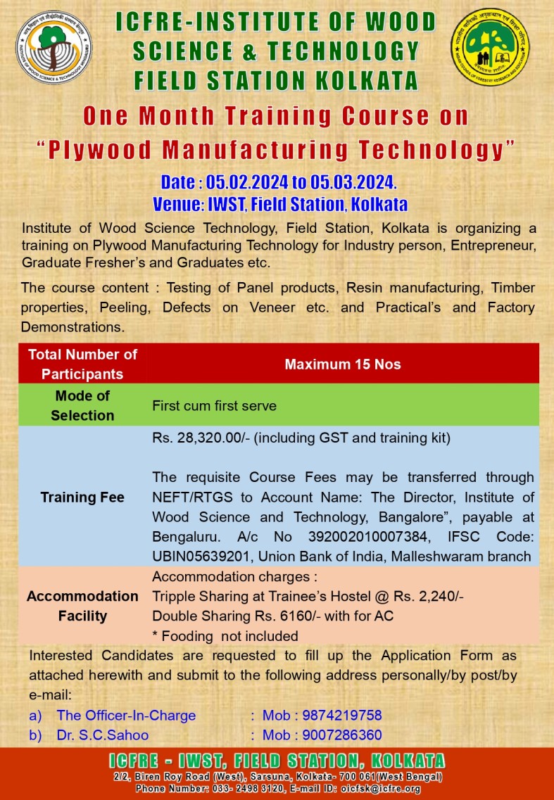 One Month Training Course on "Plywood Manufacturing Technology"
